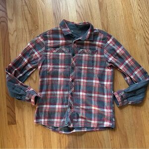 REI red, grey, and white plaid cotton flannel button down shirt